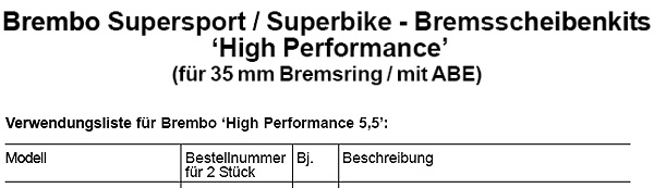 Brembo High Performance Bremmscheiben 35mm / 5,5mm  Verwendungsliste